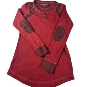 Eddie Bauer‎ Henley Women M Red Waffle Knit Quilted Elbow Patch Thermal Top